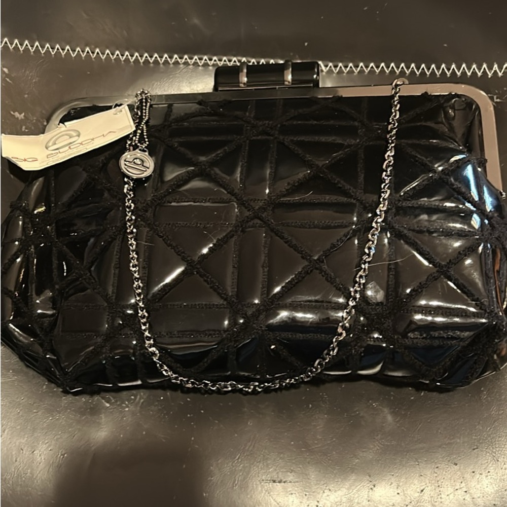 Big Buddha Glossy Black Clutch with Chain
